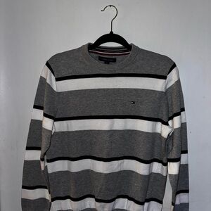 Tommy Hilfiger Gray and White Striped Crewneck Sweater